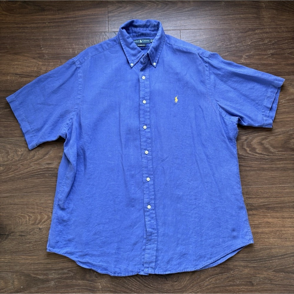 Ralph Lauren Solid Blue Linen Classic Fit Short Sleeve Button-Up Shirt XL